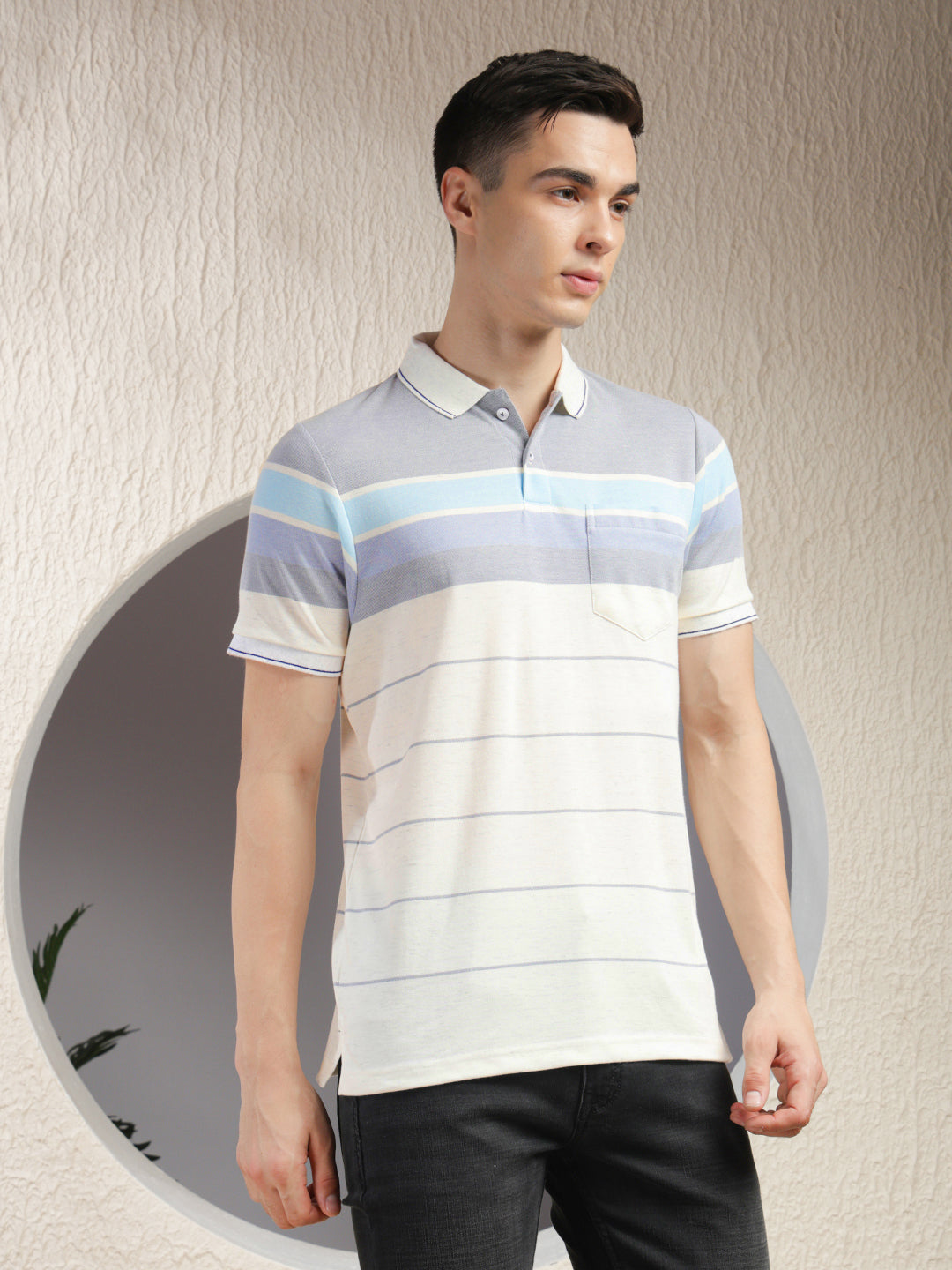 COBB WHITE STRIPED POLO NECK T-SHIRT