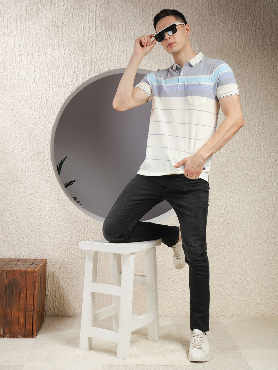 COBB WHITE STRIPED POLO NECK T-SHIRT