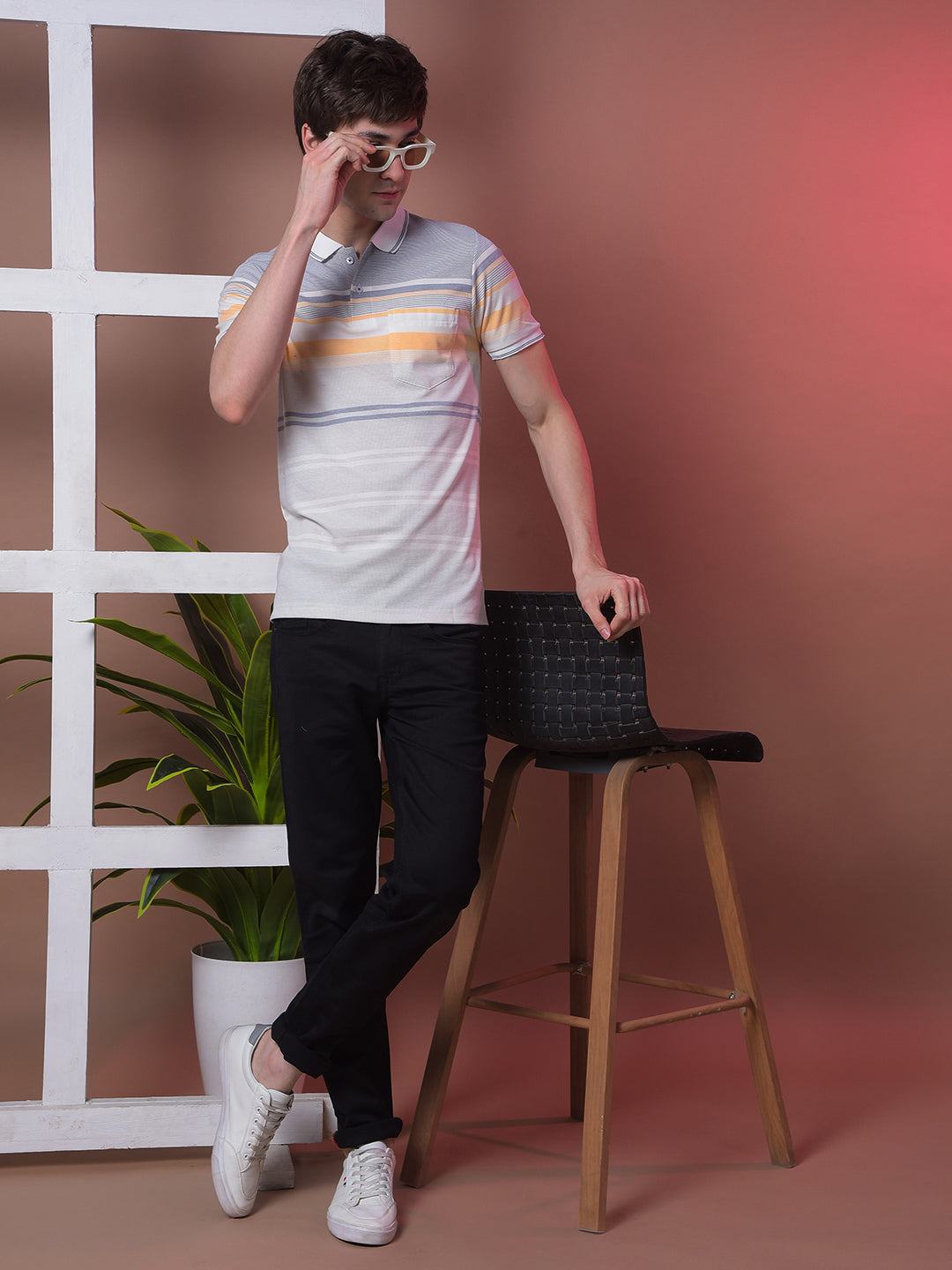 COBB BLUE STRIPED POLO NECK T-SHIRT