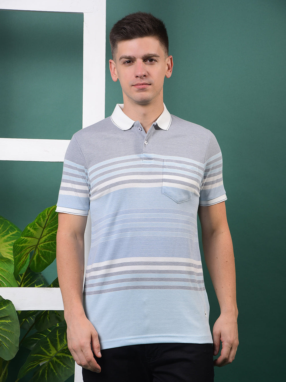 cobb sky blue striped polo neck t-shirt