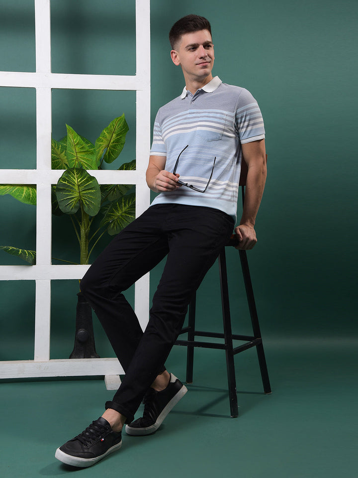 COBB SKY BLUE STRIPED POLO NECK T-SHIRT