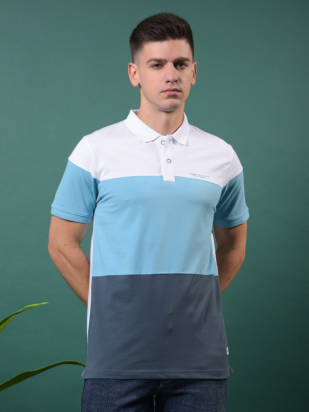 cobb sky blue color-block polo neck t-shirt