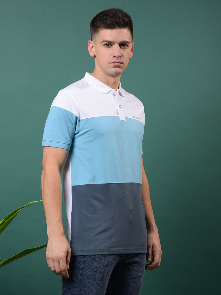 COBB SKY BLUE COLOR-BLOCK POLO NECK T-SHIRT