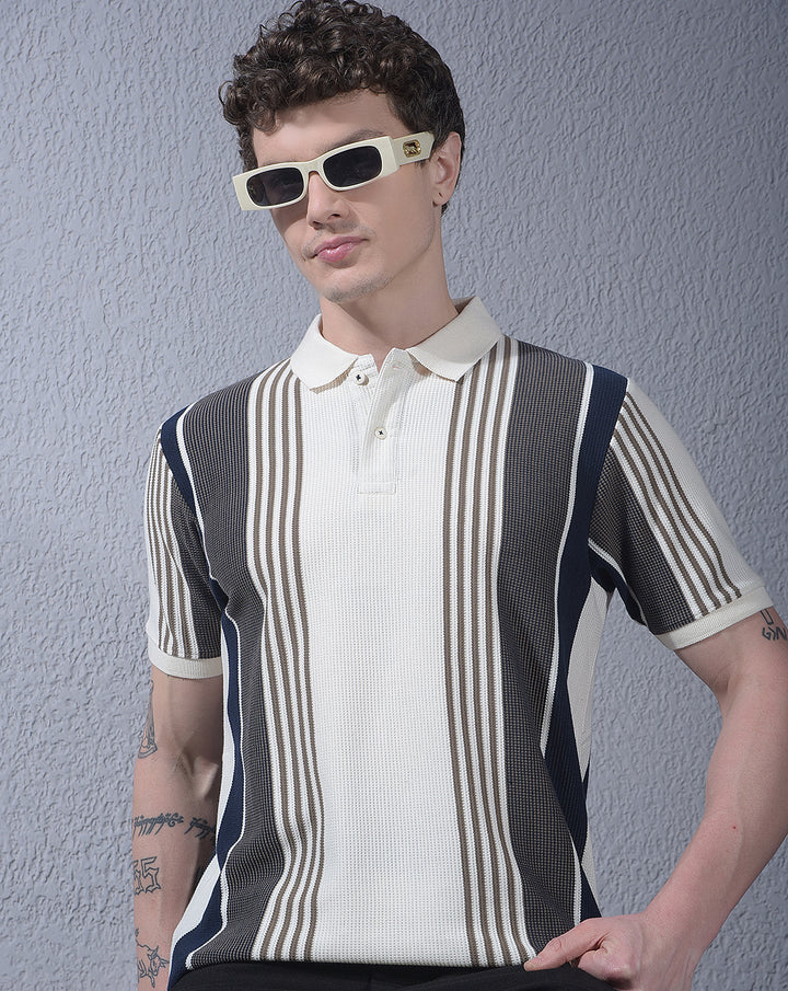 cobb cream striped polo neck t-shirt
