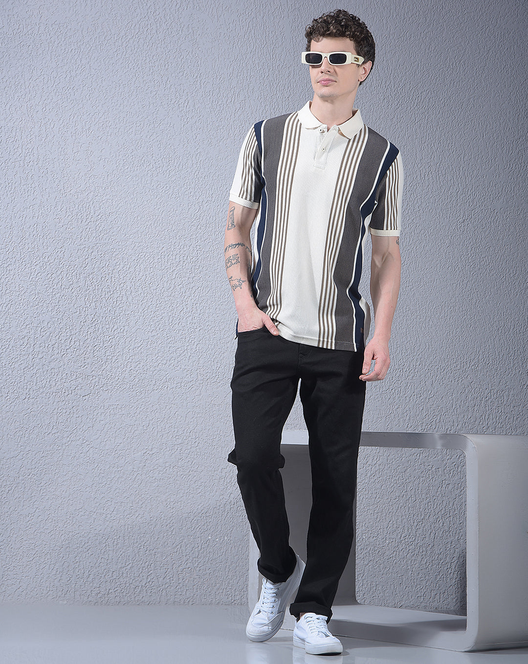 COBB CREAM STRIPED POLO NECK T-SHIRT