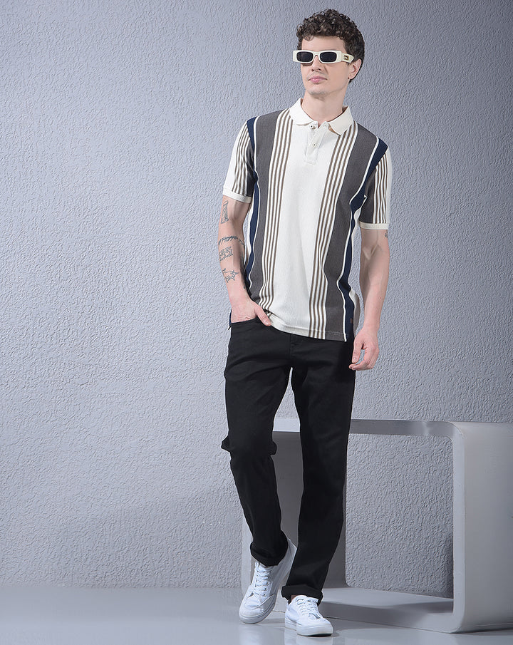 COBB CREAM STRIPED POLO NECK T-SHIRT