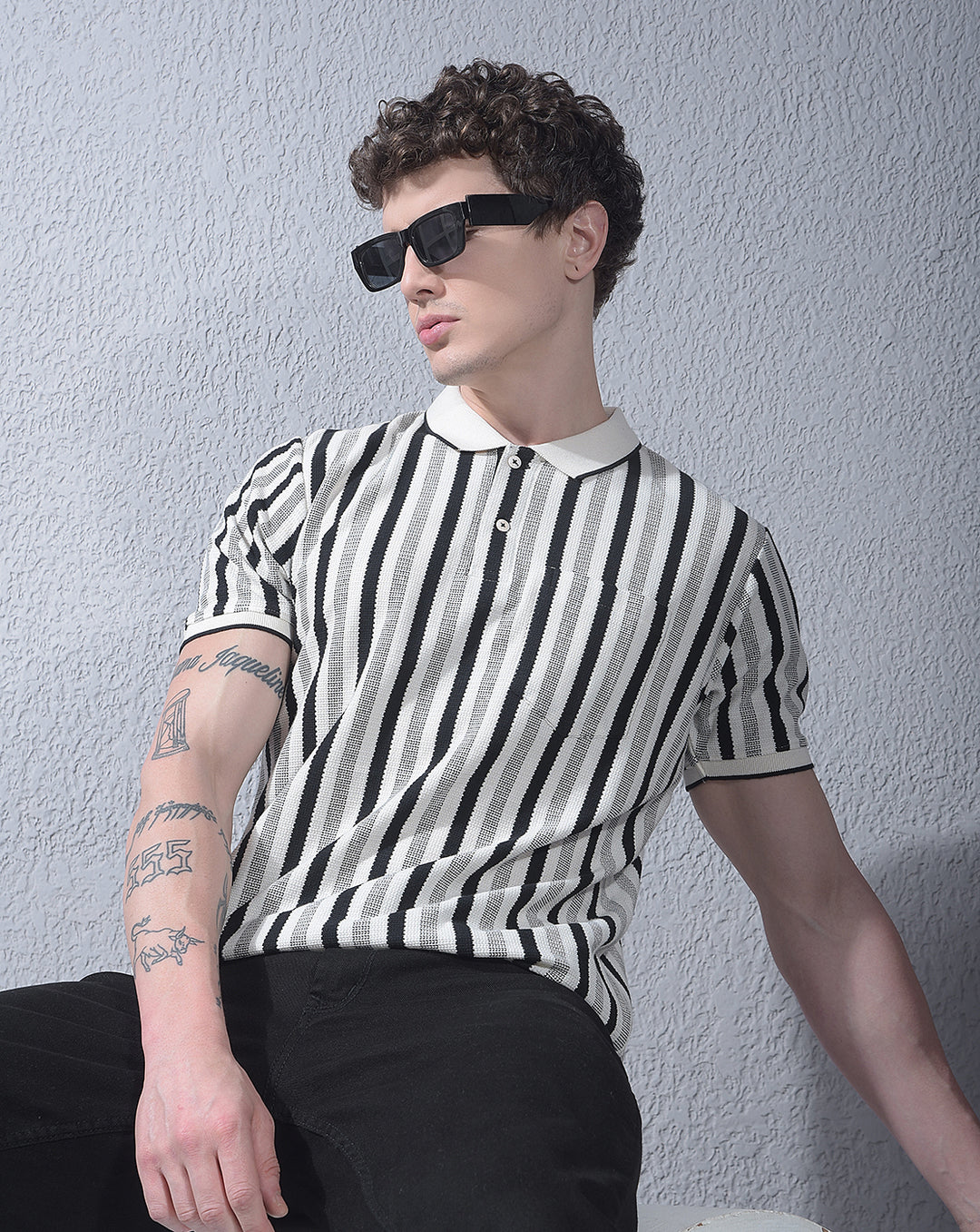 cobb cream striped polo neck t-shirt