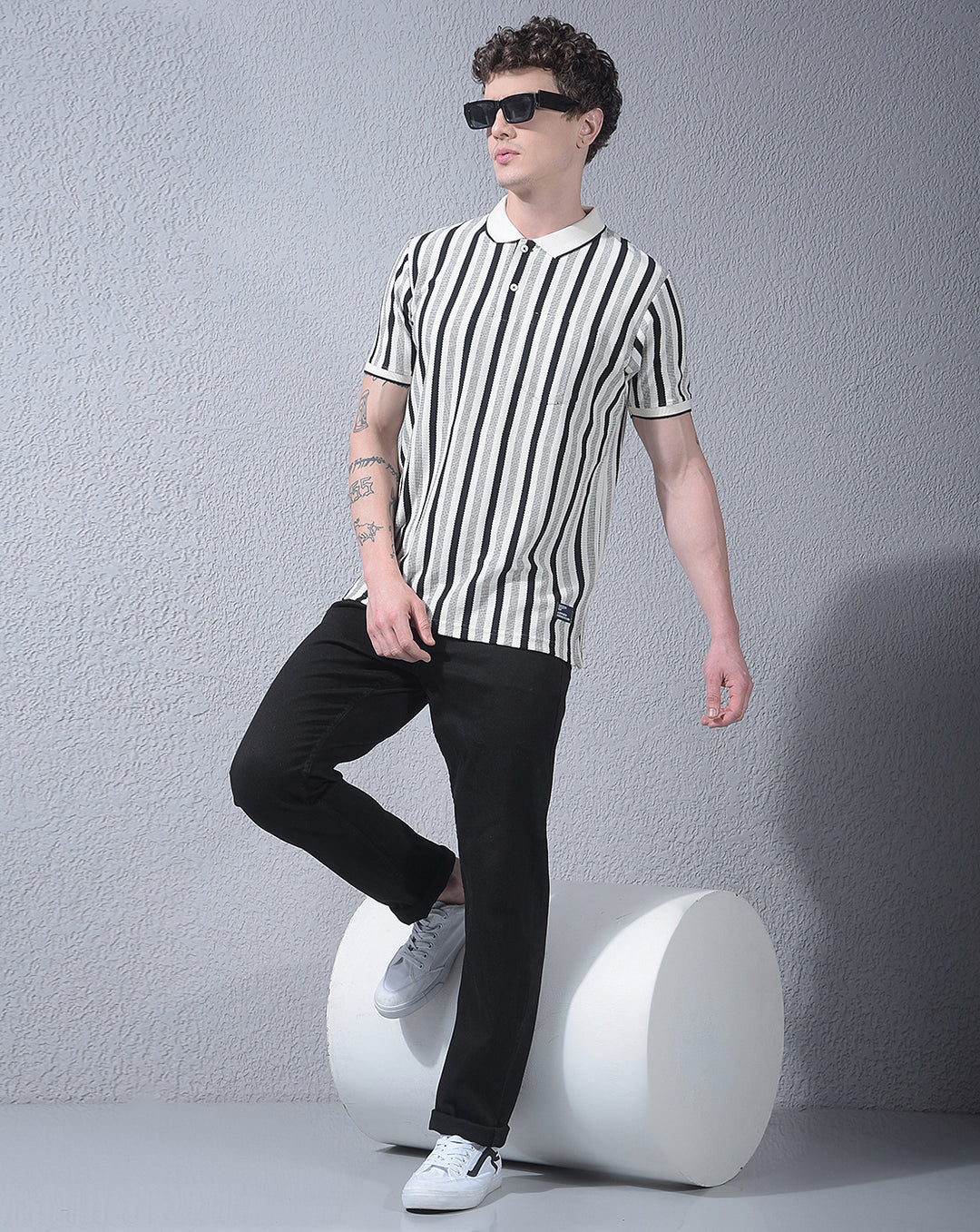 COBB CREAM STRIPED POLO NECK T-SHIRT