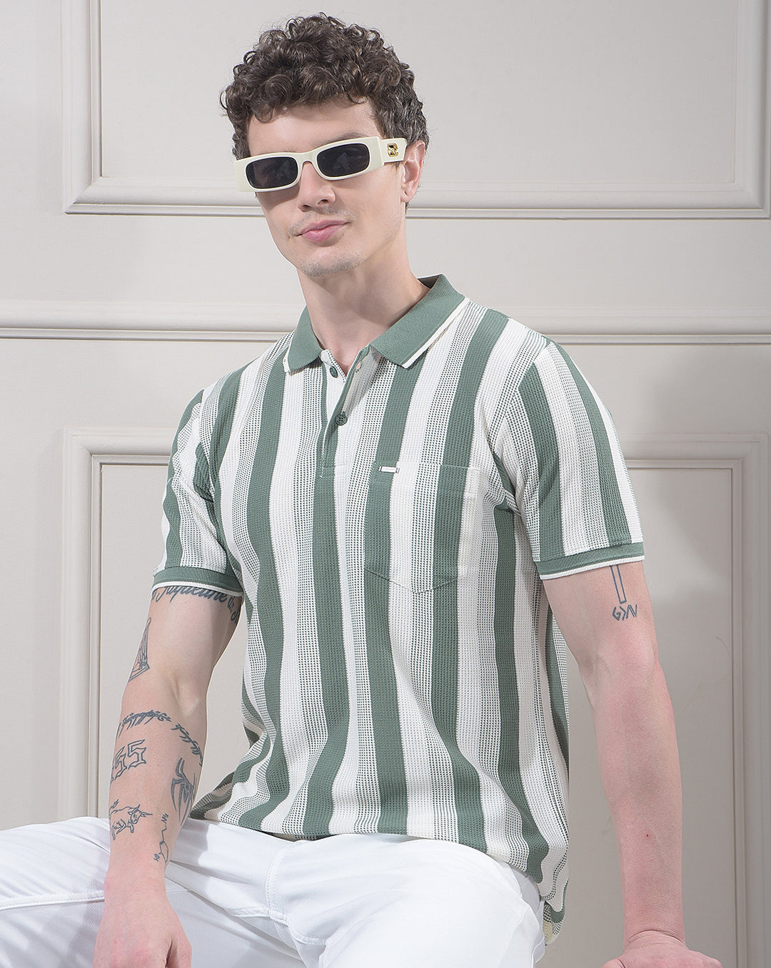 cobb green striped polo neck t-shirt