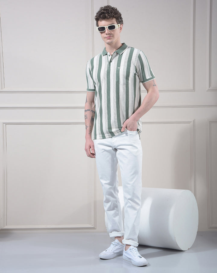 COBB GREEN STRIPED POLO NECK T-SHIRT