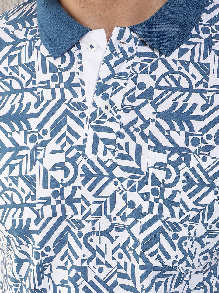COBB BLUE PRINTED POLO NECK T-SHIRT