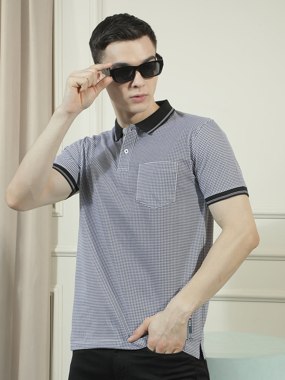 cobb black micro ditsy print polo neck t-shirt