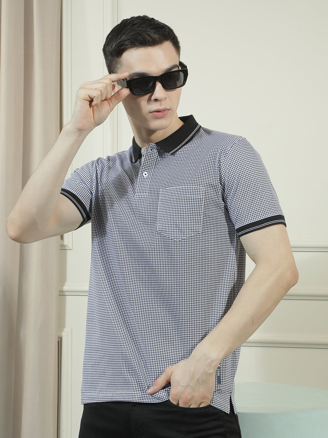 cobb black micro ditsy print polo neck t-shirt