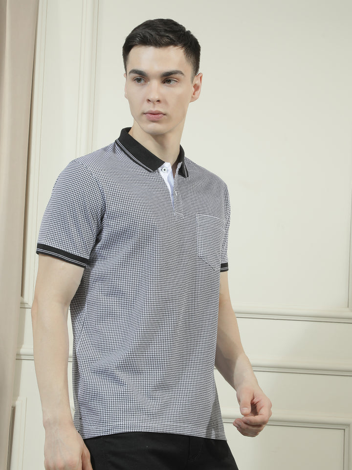 COBB BLACK MICRO DITSY PRINT POLO NECK T-SHIRT