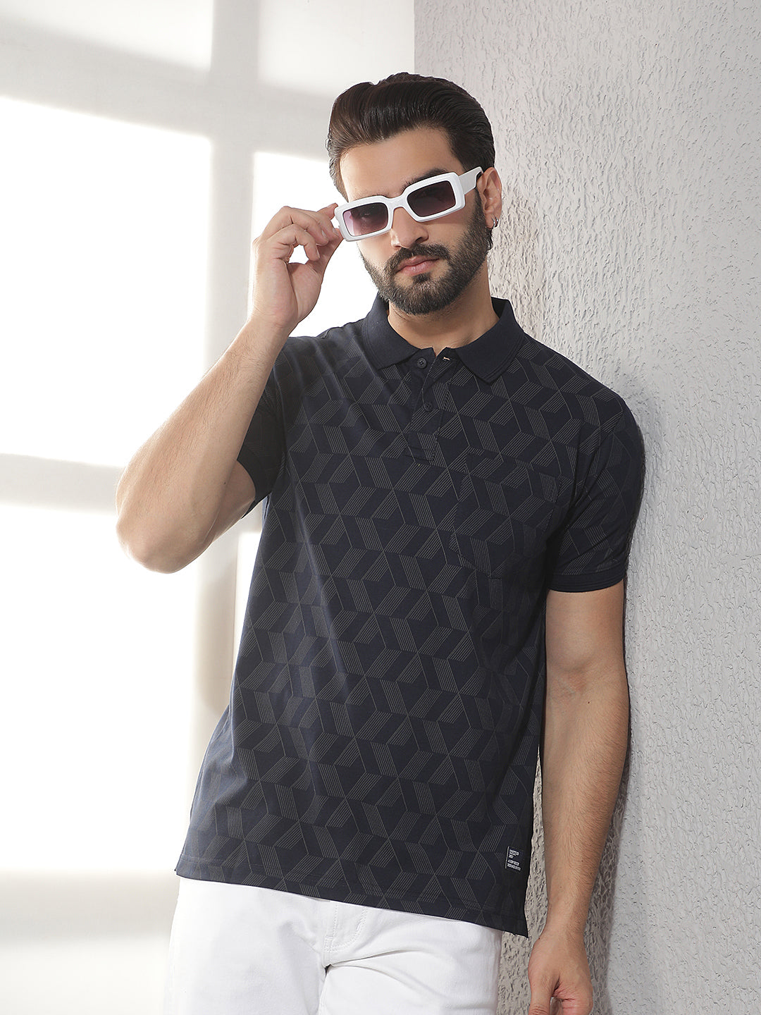 cobb navy blue printed polo neck t-shirt
