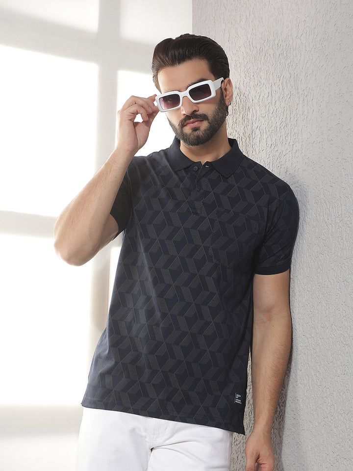 cobb navy blue printed polo neck t-shirt