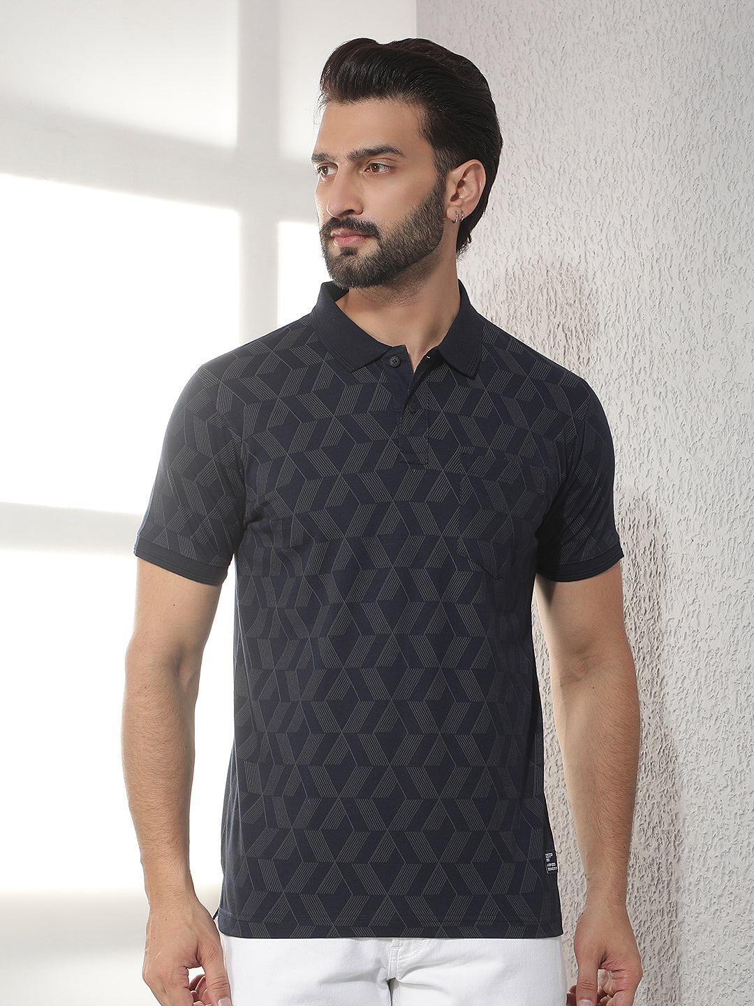 cobb navy blue printed polo neck t-shirt