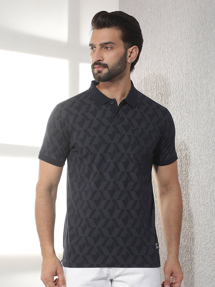 cobb navy blue printed polo neck t-shirt