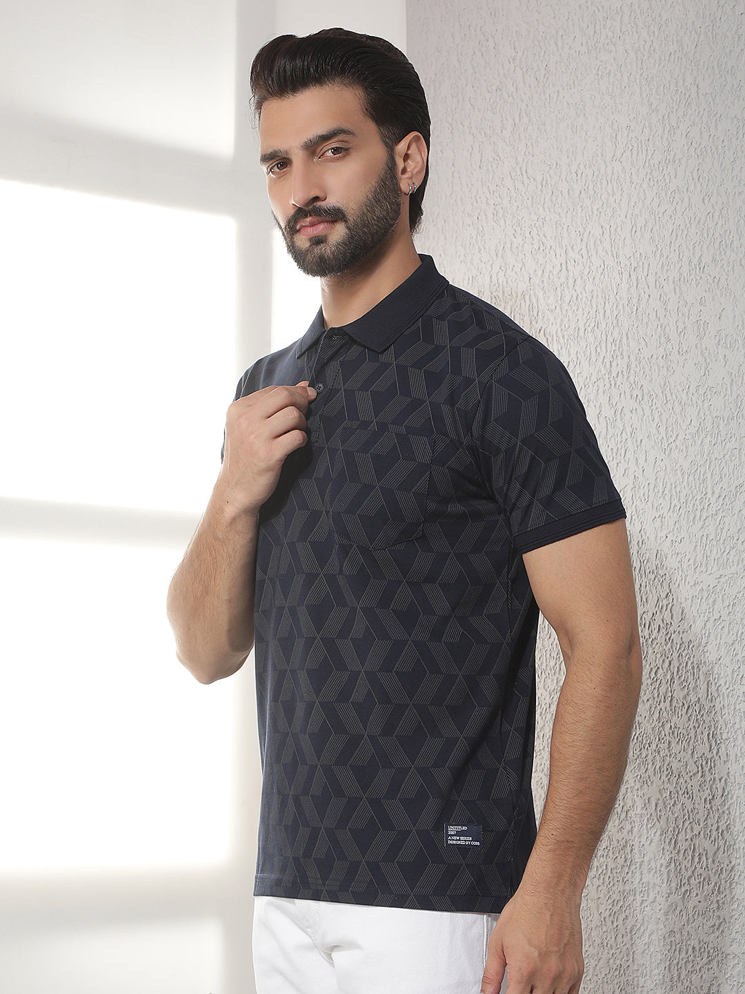 cobb navy blue printed polo neck t-shirt