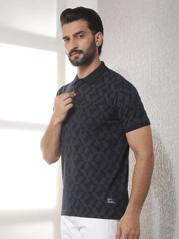 cobb navy blue printed polo neck t-shirt