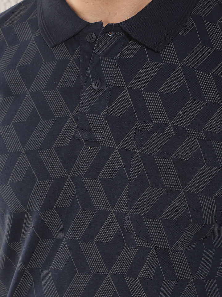 COBB NAVY BLUE PRINTED POLO NECK T-SHIRT