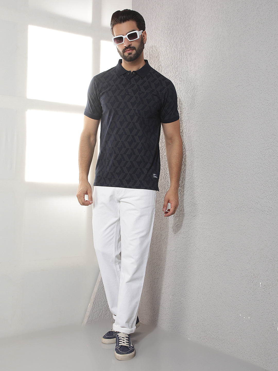 COBB NAVY BLUE PRINTED POLO NECK T-SHIRT