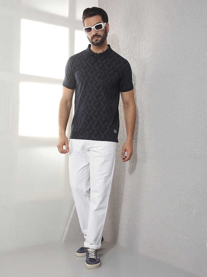 COBB NAVY BLUE PRINTED POLO NECK T-SHIRT