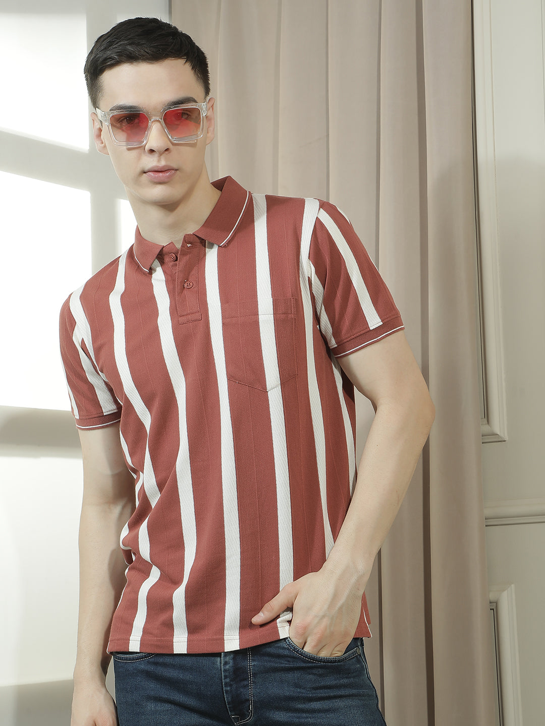 cobb rust striped polo neck t-shirt