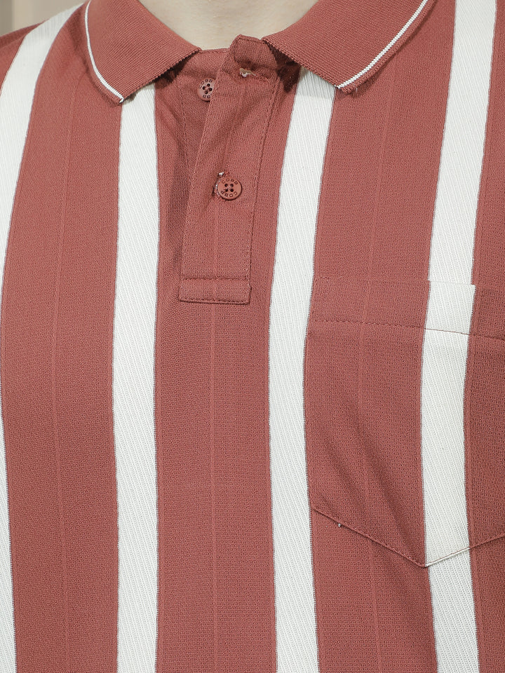 COBB RUST STRIPED POLO NECK T-SHIRT