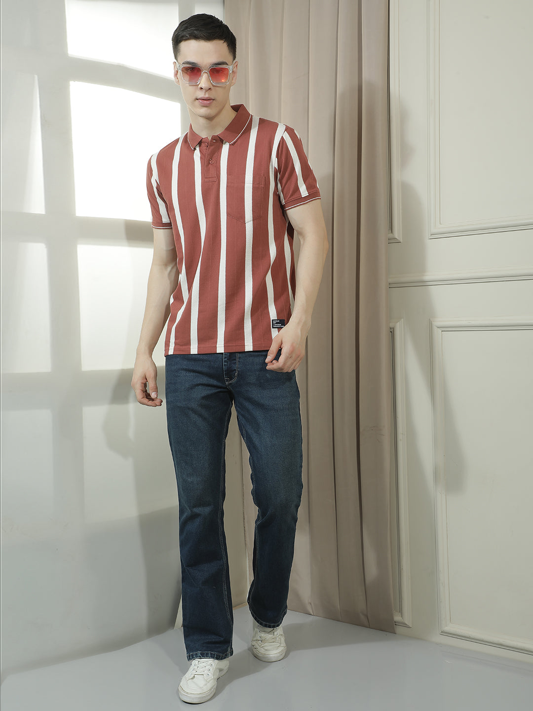 COBB RUST STRIPED POLO NECK T-SHIRT
