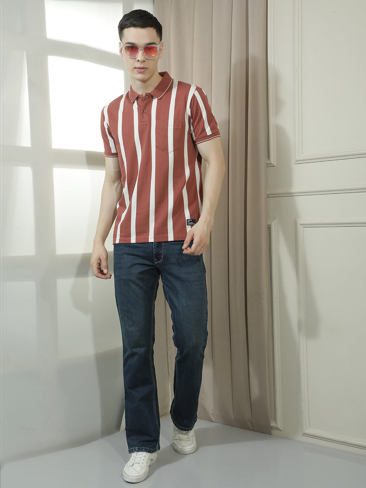 COBB RUST STRIPED POLO NECK T-SHIRT