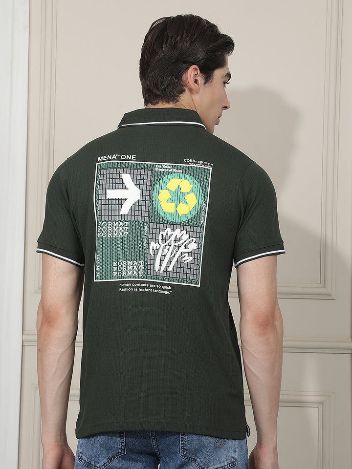 bottle green printed polo t-shirt