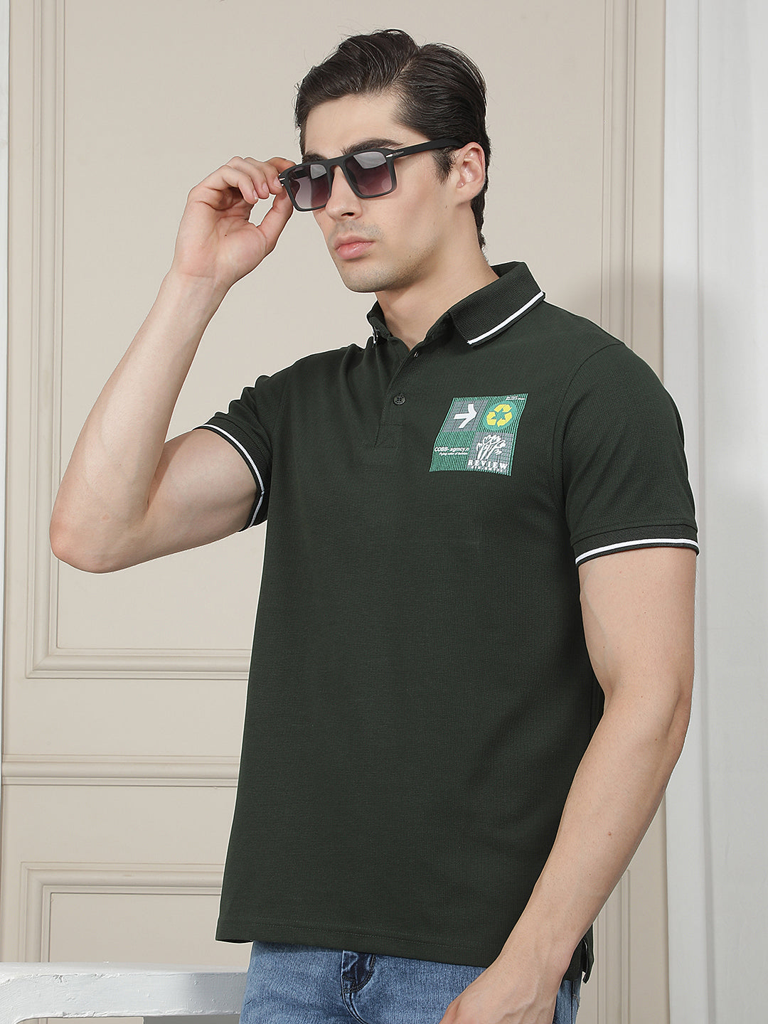 BOTTLE GREEN PRINTED POLO T-SHIRT