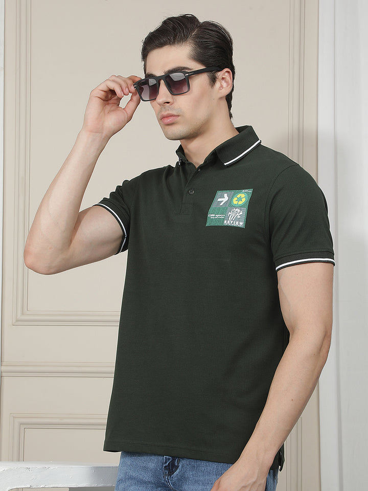 BOTTLE GREEN PRINTED POLO T-SHIRT