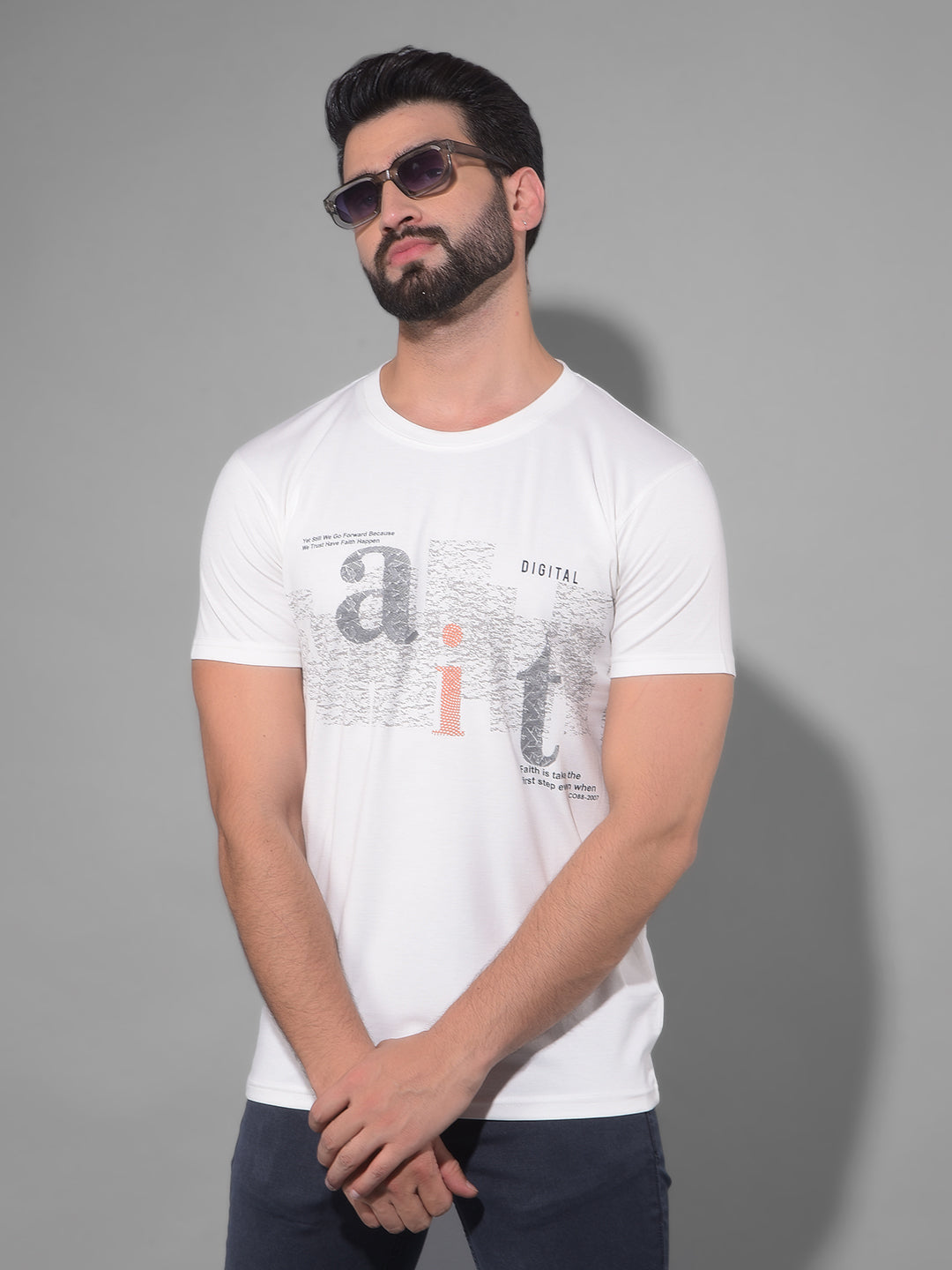 COBB WHITE PRINTED ROUND NECK T-SHIRT