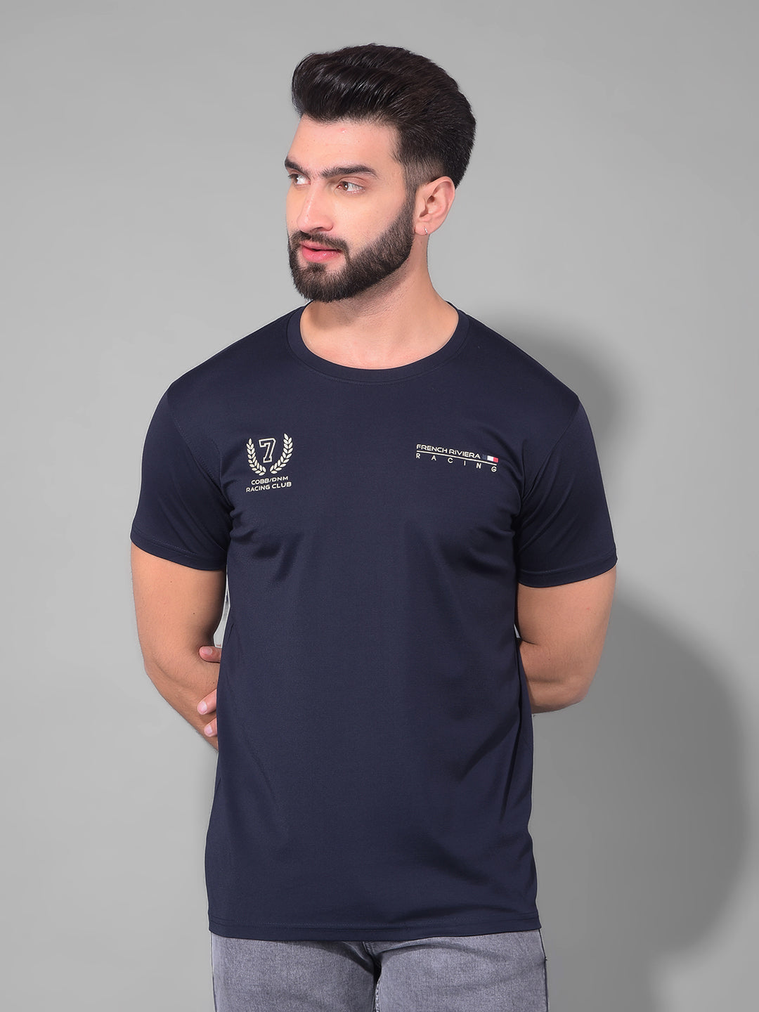 cobb racing navy blue printed round neck t-shirt