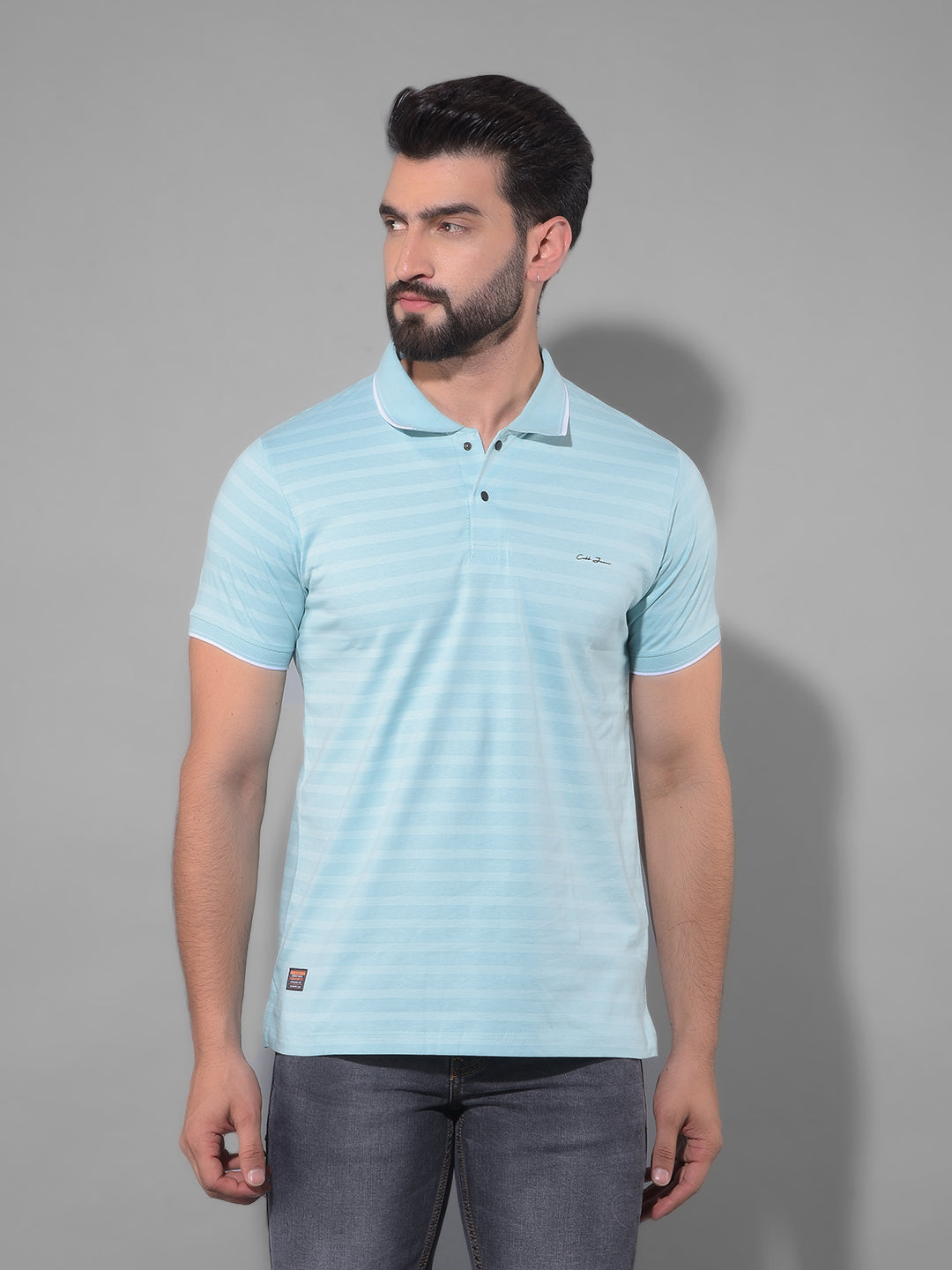 cobb sea green striped polo neck t-shirt