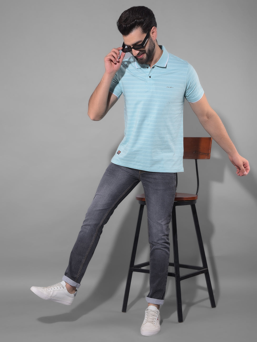 COBB SEA GREEN STRIPED POLO NECK T-SHIRT