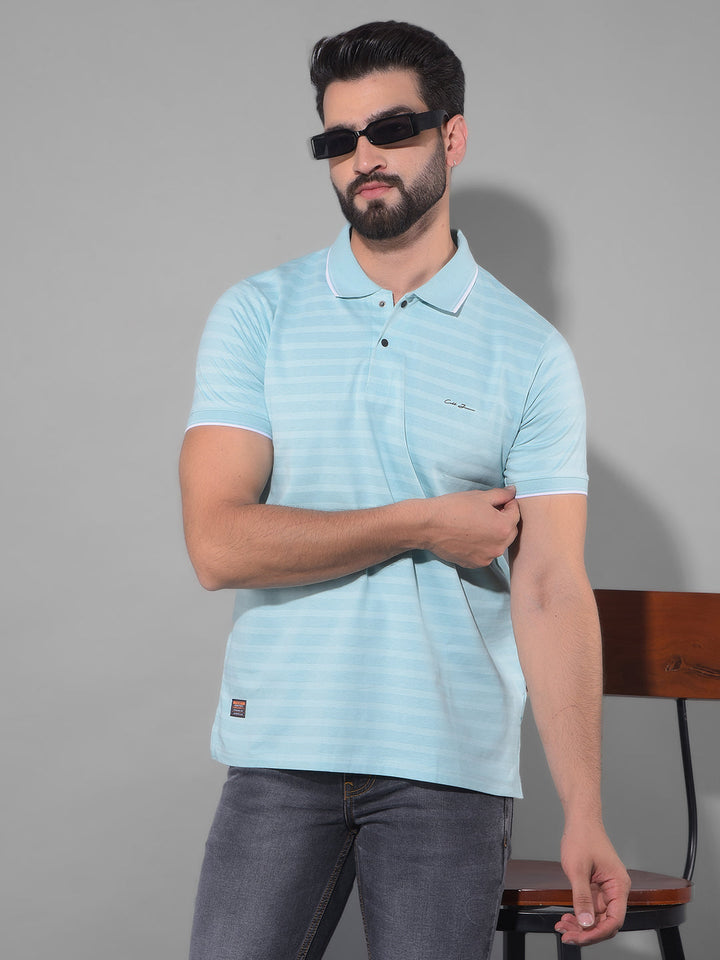 COBB SEA GREEN STRIPED POLO NECK T-SHIRT