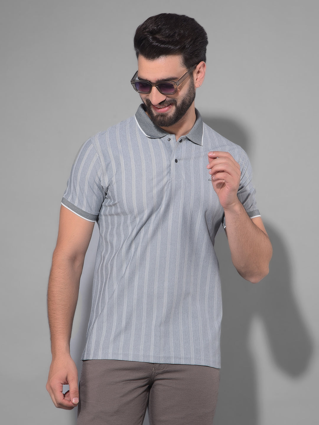 COBB GREY STRIPED POLO NECK T-SHIRT