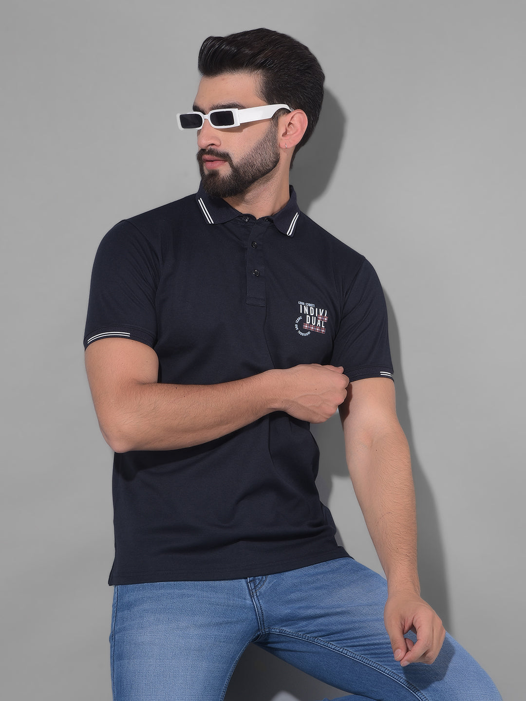 COBB SOLID NAVY BLUE POLO NECK T-SHIRT