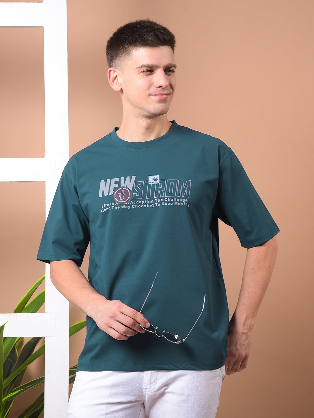 cobb teal blue printed round neck oversized t-shirt