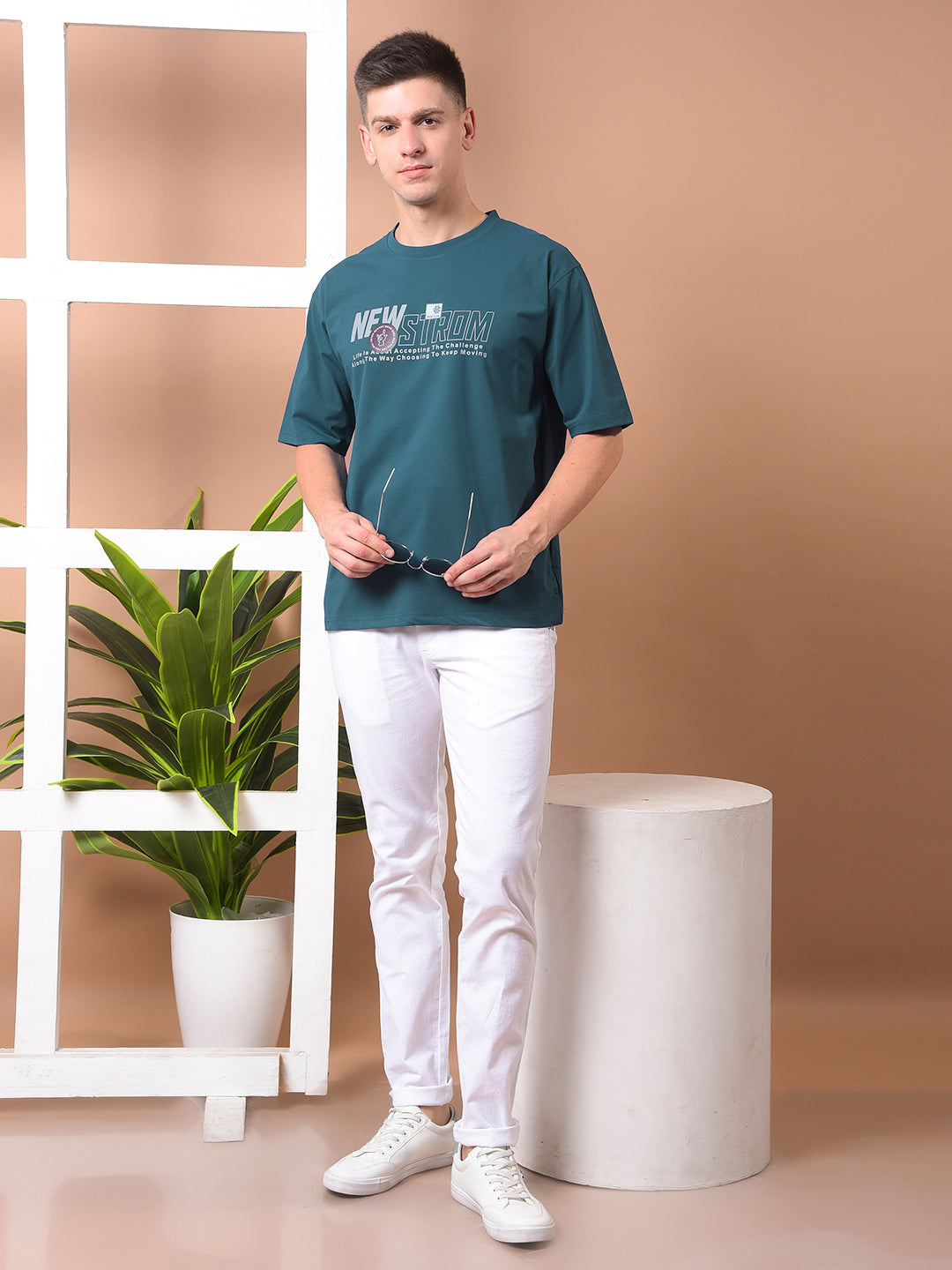 COBB TEAL BLUE PRINTED ROUND NECK OVERSIZED T-SHIRT
