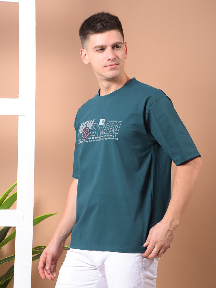 COBB TEAL BLUE PRINTED ROUND NECK OVERSIZED T-SHIRT
