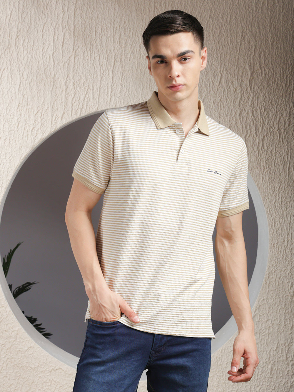 cobb beige striped polo neck t-shirt