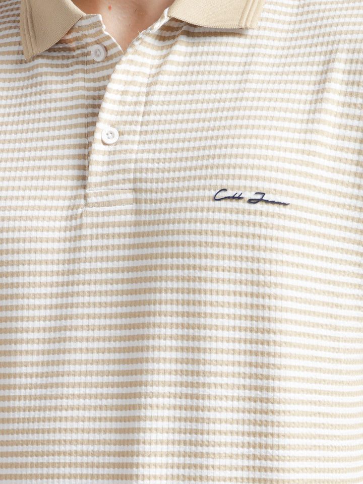 cobb beige striped polo neck t-shirt