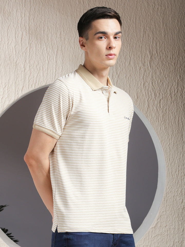 COBB BEIGE STRIPED POLO NECK T-SHIRT