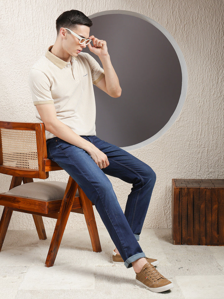 COBB BEIGE STRIPED POLO NECK T-SHIRT