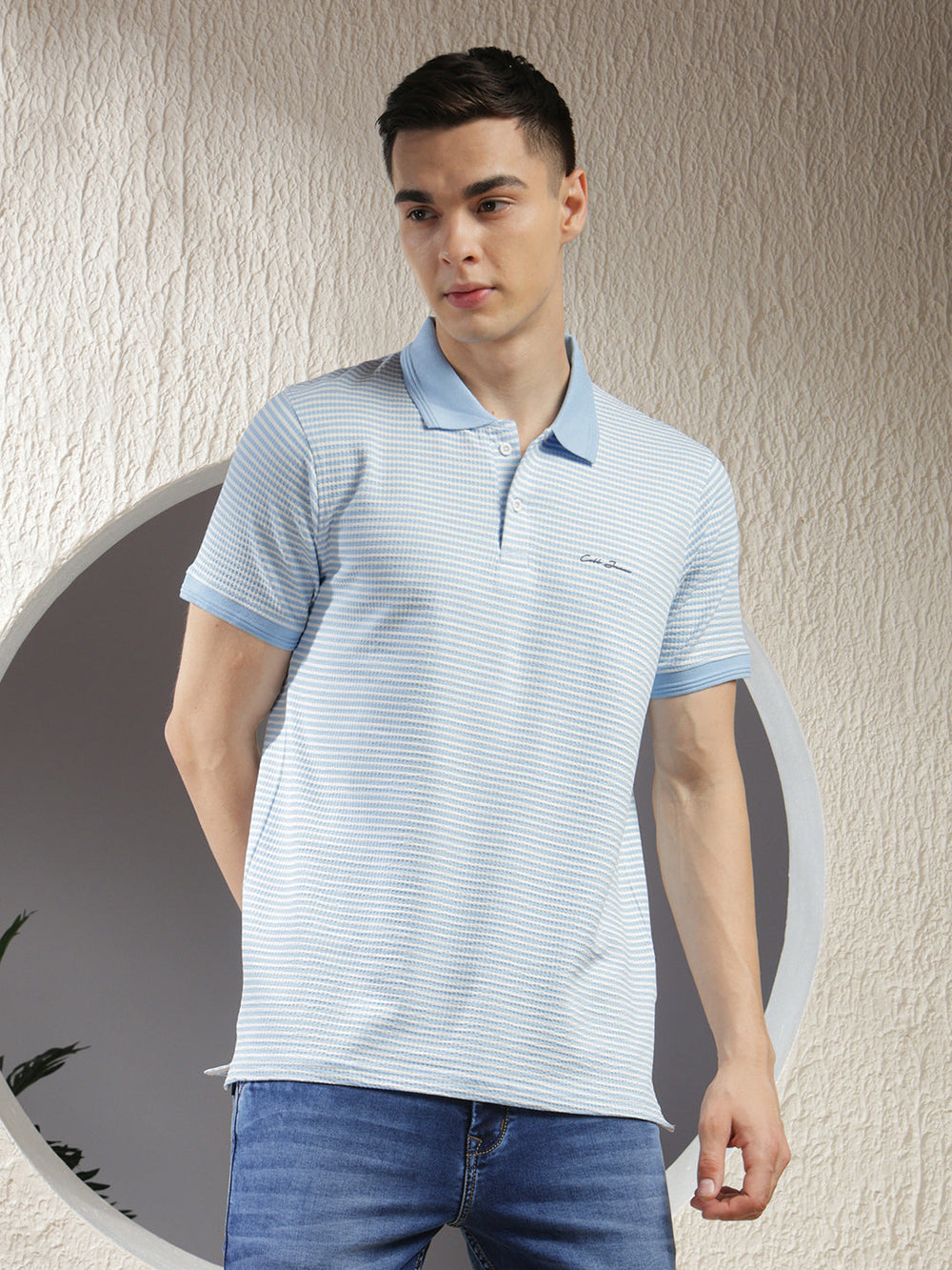 cobb sky blue striped polo neck t-shirt