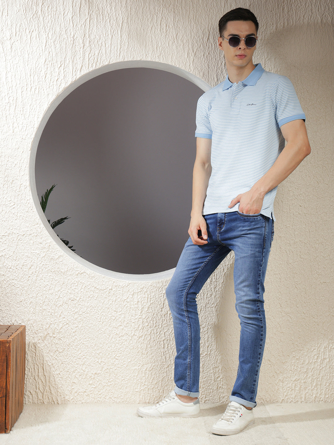 COBB SKY BLUE STRIPED POLO NECK T-SHIRT